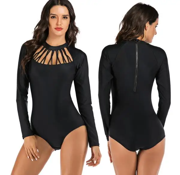 Летний купальник на молнии в стиле ретро, черный цельный купальник для женщин, винтажный купальный костюм с высоким вырезом для женщин размера плюс XL XXL, пляжная одежда - Цвет: Черный