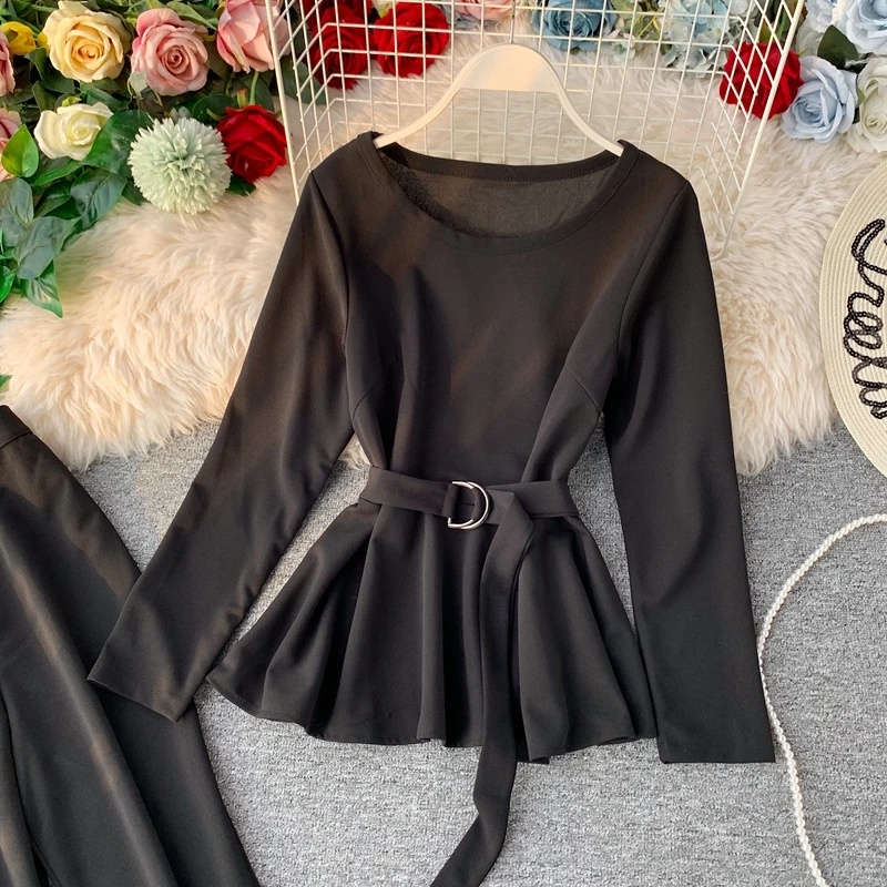 ALPHALMODA модный костюм с длинными рукавами пуловер пояс-кушак наряд+ расклешенные ноги дамы 2 шт брюки костюмы сплошной осенний комплект одежды