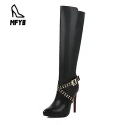 MFYB/женские ботинки 2019 г. Новая зимняя пикантная женская обувь на очень высоком каблуке высокие сапоги с острым носком и заклепками, размеры