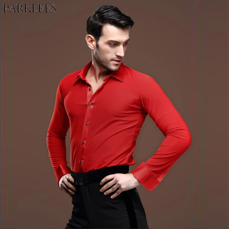 

Men's Red Dance Shirts Competition Performance Ballroom Dancewear Latin Tango Foxtrot Waltz Flamenco Rumba Samba Salsa Chemise