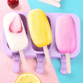 

3 Cell Ice Cream Makers Silicone Ice Cream Mold Reusable DIY Ice Cubes Maker Tool With 50 Wood Stick Kitchen Ice Cream Mold Z61