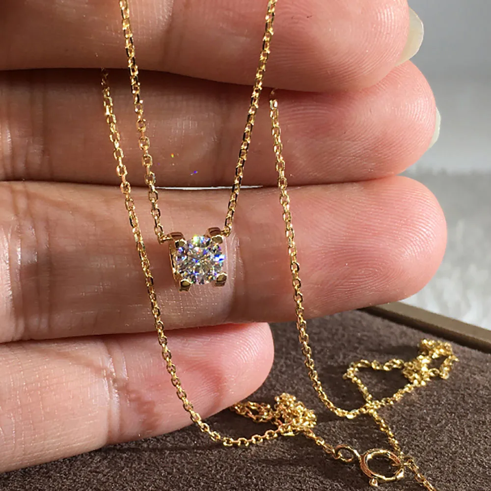 18K Yellow Gold Women Pendants Necklaces Moissanite Diamond 0.5 1 2 3 4 5 Carat Round Wedding Anniversary Engagement Party Gift