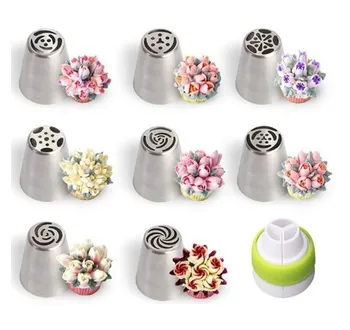 

Baked Pattern Decorating Tool Stainless Steel Russian Nozzle 9 Pieces Containing Three Adapter Set Combo Decorating