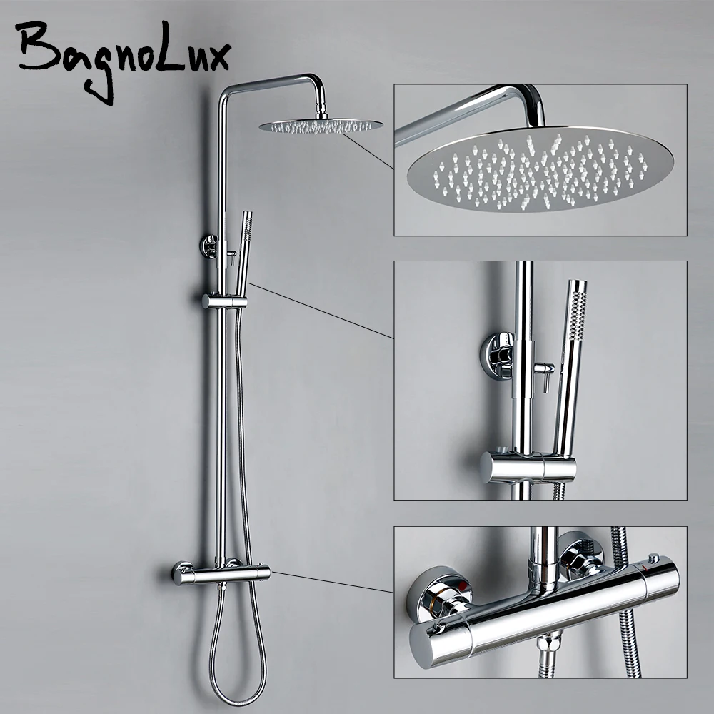 US $179.99 Thermostat Shower Mixer Valve Set Bathroom Thermostatic Faucet Wall Mount Shower Arm Diverter With Handheld Spray Rain Head
