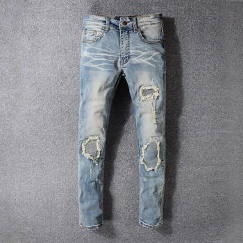 

Fashion Streetwear Men Jeans High Quality Elastic Ripped Jeans Men Punk Style Skinny Pants Patchwork Designer Hip Hop Jeans