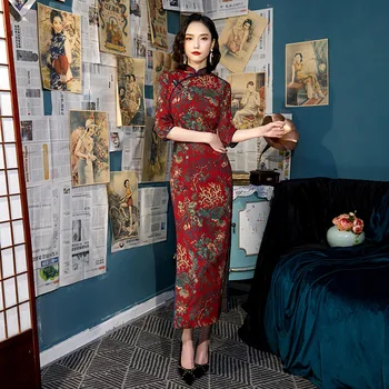

Spring Autumn Winter Traditional Chinese Formal Wedding Party Dresses Plus Size Women Clothing Classic Red Long Qipao Cheongsam