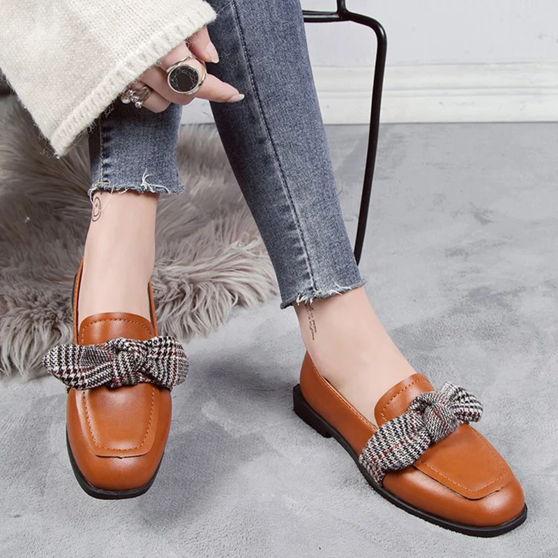 elegant cute houndstooth bow-knot shallow leather shoes British style student casual slip-on moccasins retro brief flats loafers