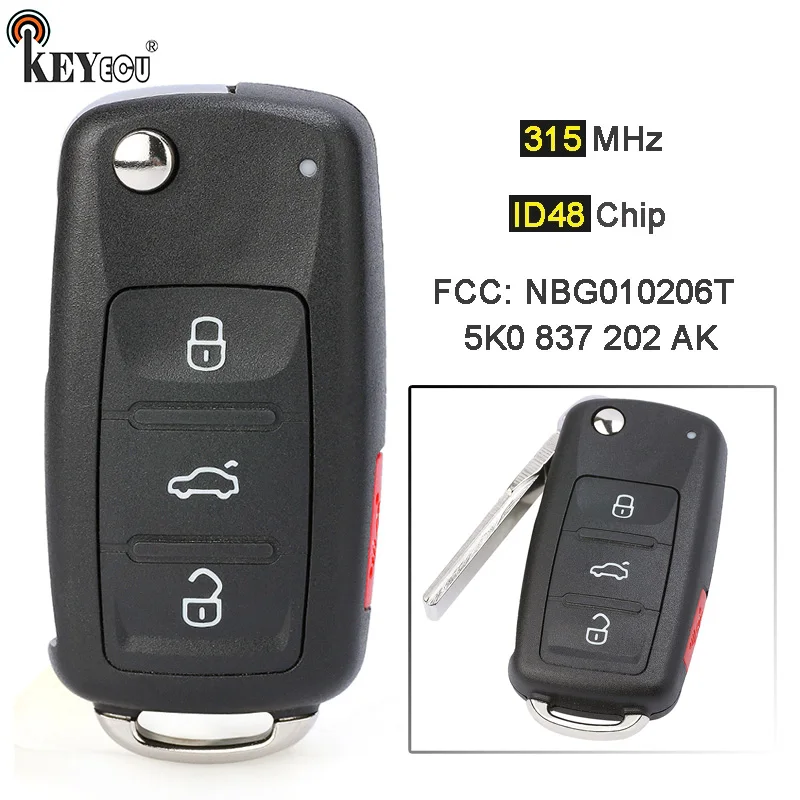 

KEYECU 315 МГц ID48 чип NBG010206T 5K0 837 202 AK 3 + 1 4 кнопки без ключа-Go складной дистанционный ключ-брелок для Volkswagen 2011-2017