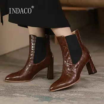 

Women Boots Leather High Heel Ankle Boots For Women Pointed Toe Slip On Warm Plush Short Boots Brown