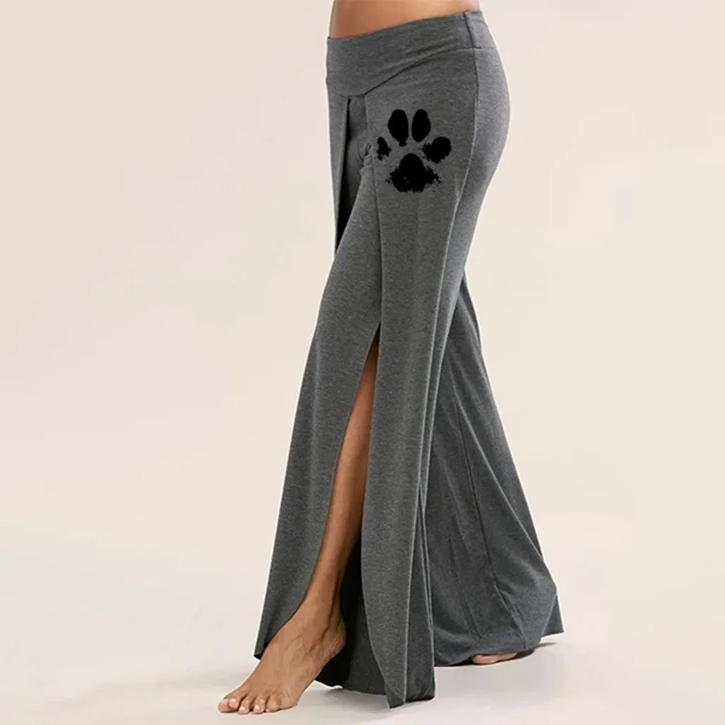 Dog's paw wide leg side slit flowy yoga pants Clearance