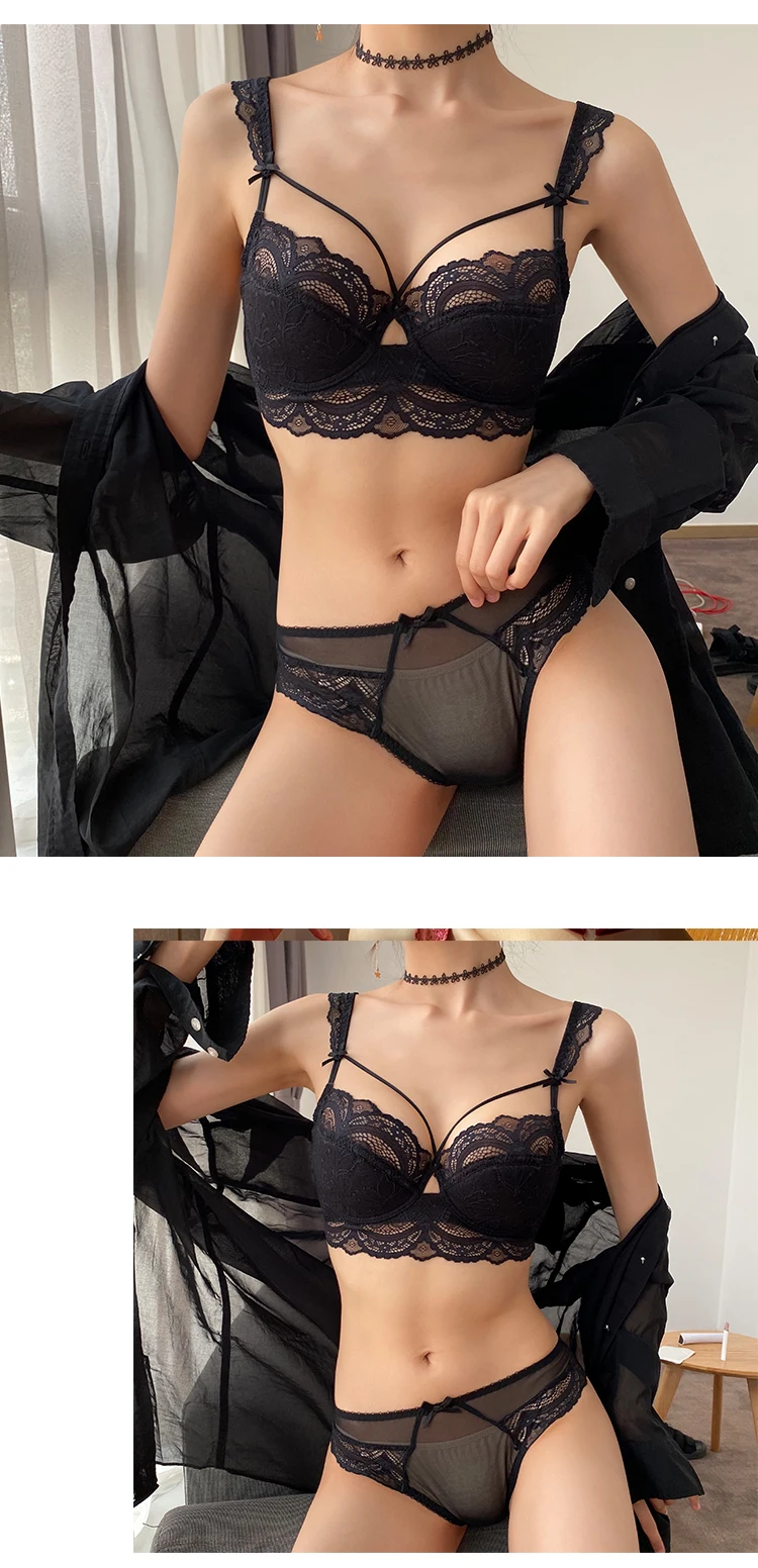 Sexy Ultra-thin Lace Bra Set Classic Black Hollow Underwear Plus Size C D E 90C 95D Cup Brassiere Breathable Embroidery Lingerie bra panty sets