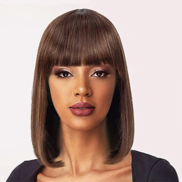 SSH Short Human Hair Wig with Fringe for Women Straight Remy Hair Bob Wigs With Bangs Dark Brown Balayage Highlight Ombre Color F4/30