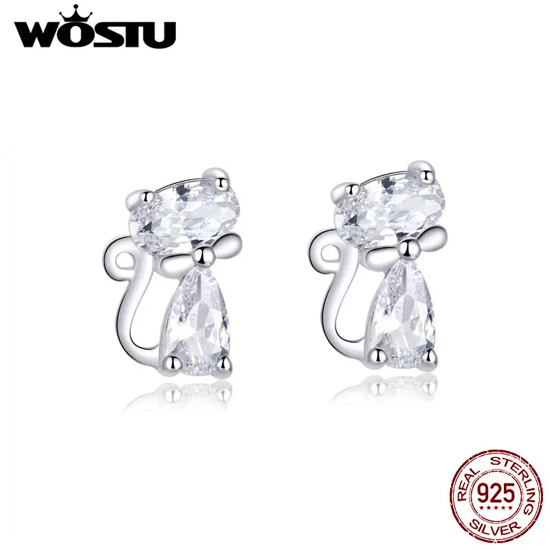 WOSTU, 925 пробы, Серебряная кошка с длинным хвостом, серьги-гвоздики, прозрачный циркон, свадебные серьги для женщин, модное ювелирное изделие, подарок CTE206