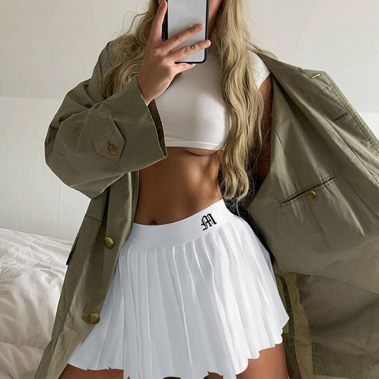 

college style pleated skirt woman Sexy high waist mini short skirt letter embroidered woman solid color A-line pleated skirt