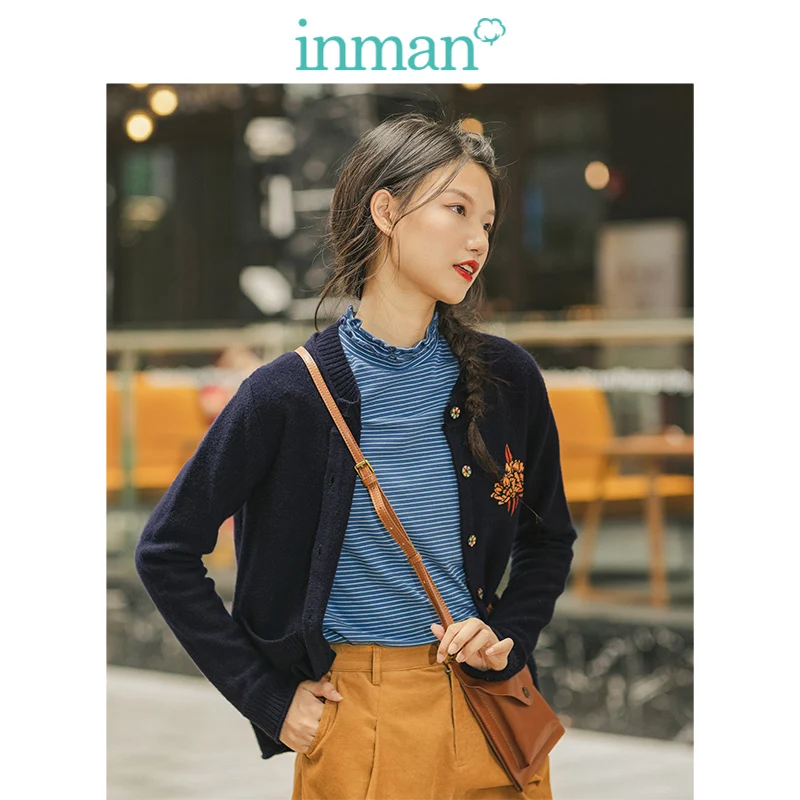 Preise INMAN 2019 Herbst Neue Ankunft Ribbing Oansatz Stickerei Literarischen Alle Abgestimmt Tiefe Blau Retro Frauen Strickjacke