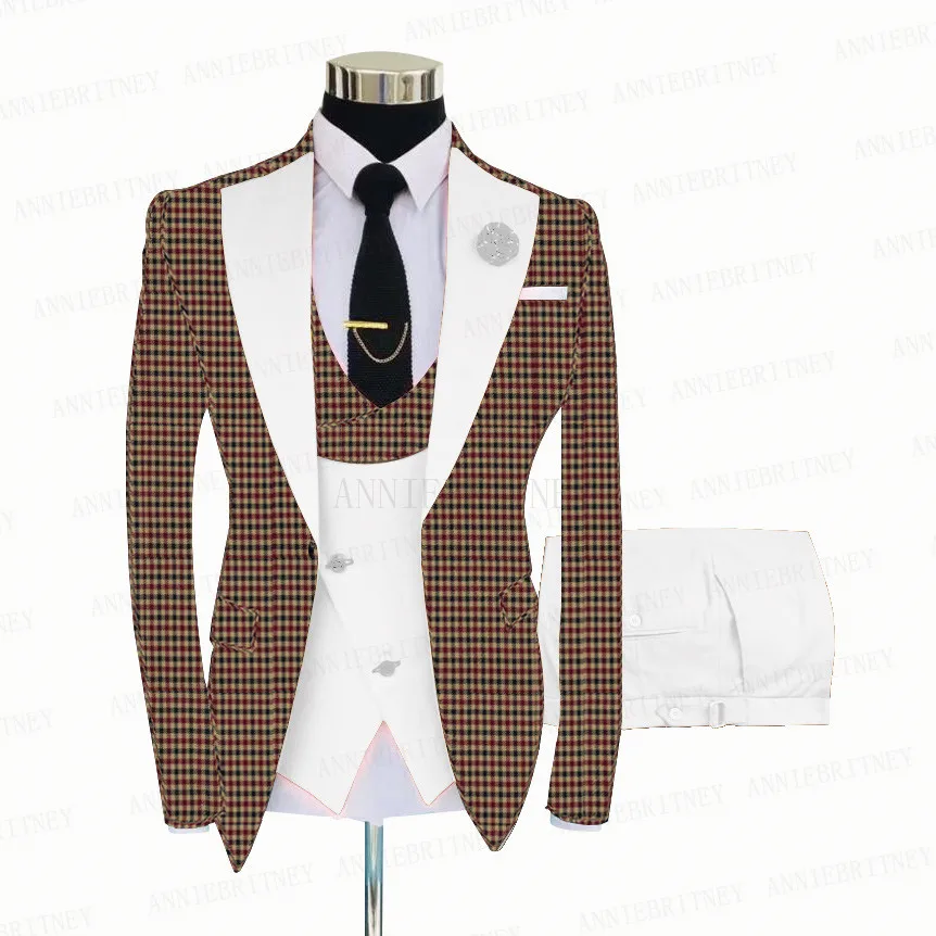 Fashion Burgundy Plaid Men Suits 3 Pieces Formal Slim Fit Business Blazer Sets Groom Prom Wedding Suit Tuxedo Costume Homme