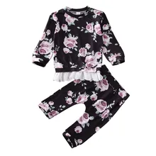 Милый хлопковый комплект одежды для маленьких девочек, весенне-осенние кружевные топы с длинными рукавами для девочек, футболка+ штаны, одежда с принтом для детей 0-24 месяцев