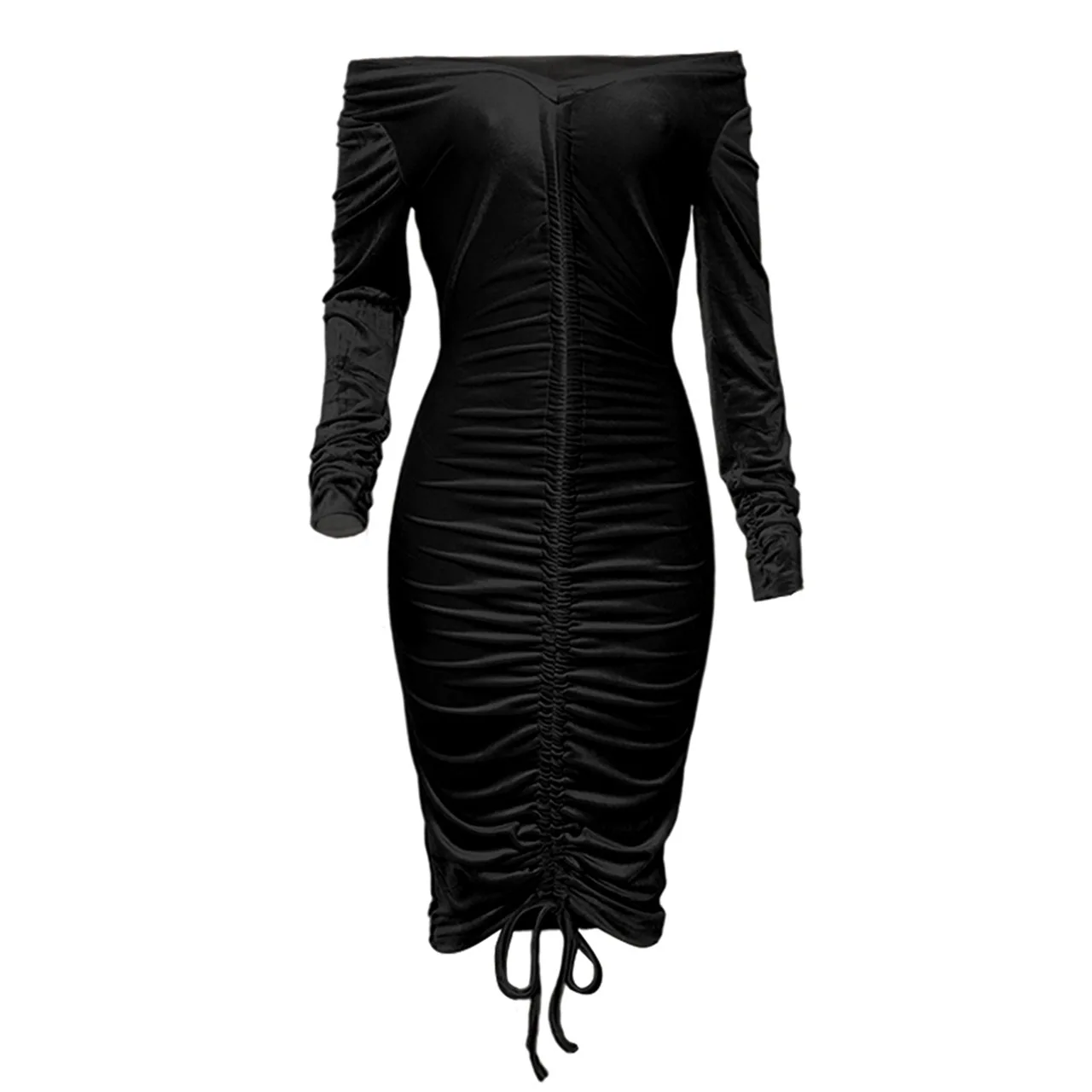 Sexy Velvet Drawstring Dress Women Autumn Winter One Shoulder V-neck Long Sleeve Slim Elastic Bodycon Midi Dresses Party Vestido a line dress