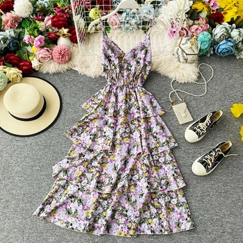 

2020 Floral Vestidos A-line Ruffles Print Beach Style Women Dress High Waist Sexy V Neck Summer Dresses Korean