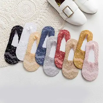 

Silicone shallow Socsk Women Lace Slipper Ankle Socks Invisible Seamless Girl Low Cut Boat cotton Thick Socks Transparent Summer