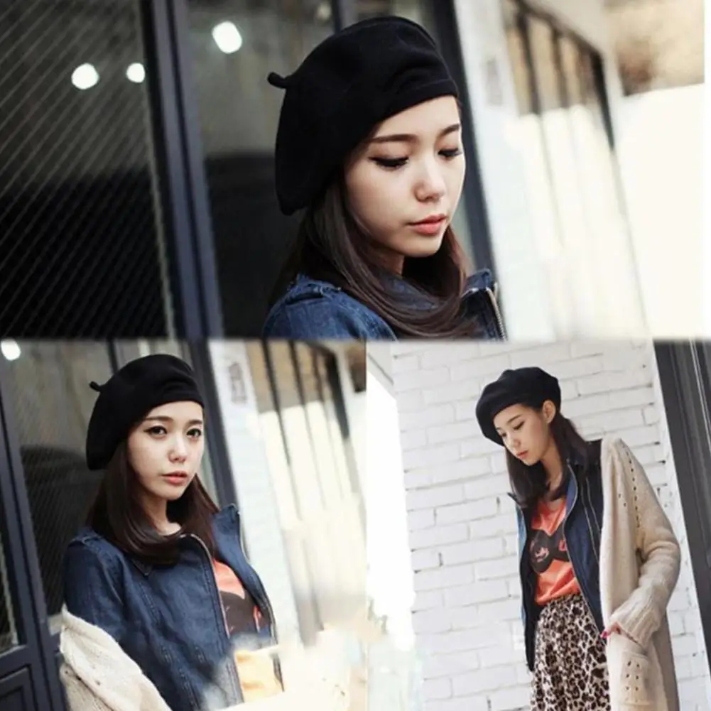 Модные женские Beanie BERET зимние теплые французские шляпы художника Лыжные шапки однотонные подарки
