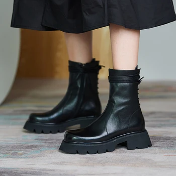 

Genuine Leather Ankle Boots For Women Motorcycle Black Boots Women Platform Boots Thick Heel Winter Shoes Booties Zapatos Mujer