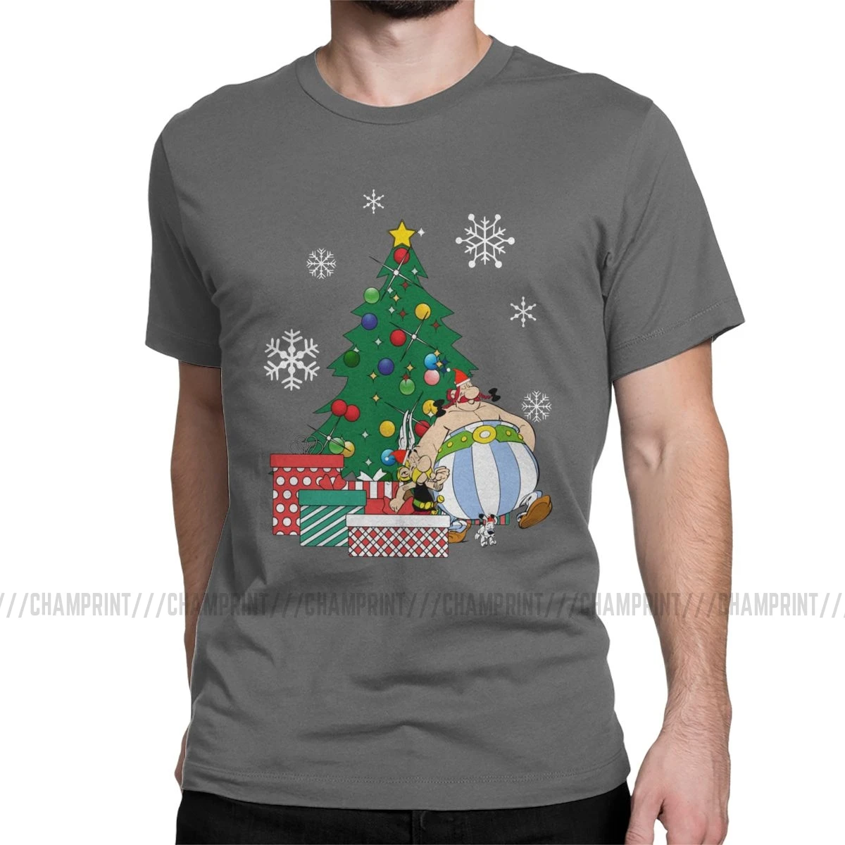 Мужская футболка Астерикс и Обеликс вокруг рождественской елки, хлопковые топы Getafix Dogmatix, футболка с коротким рукавом, подарок на день рождения, футболки - Цвет: Темно-серый