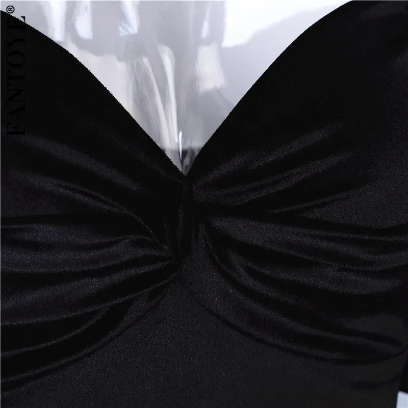 FANTOYE сексуальный бархатный облегающий боди с пышными рукавами для женщин без бретелек с открытой спиной Черный боди зимний облегающий спортивный костюм, комбинезон