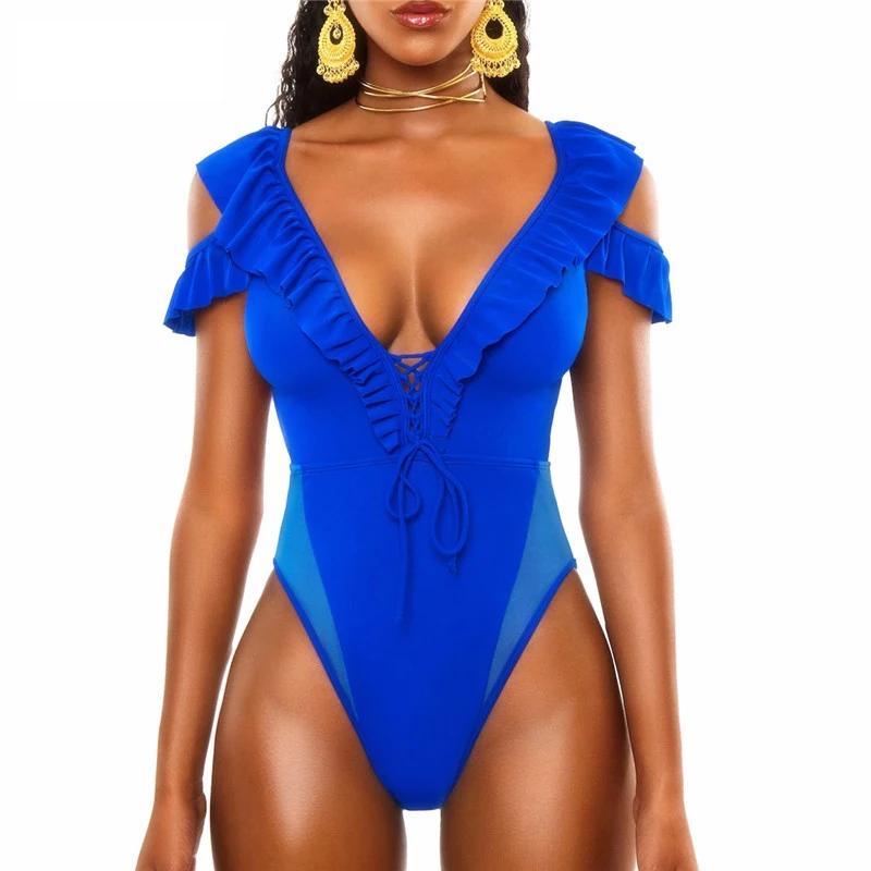 

Blue Ruffle Swimsuit Women One Piece Short Sleeves Deep V Neck Swimwear Solid Tie Thong Bathing Suit for Woman 2020 Swimsuits XL