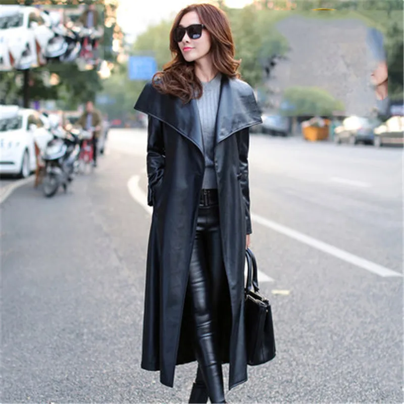 

Women Leather Long Trench Coats Female Autumn Winter Fashion Windproof Waterproof Plus Size Brand PU Leather Windbreaker 806