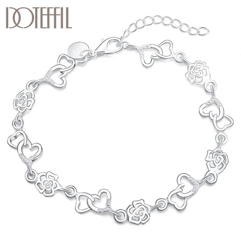 

DOTEFFIL 925 Sterling Silver Full Heart Flower AAA Zircon Bracelet For Women Wedding Engagement Party Fashion Jewelry