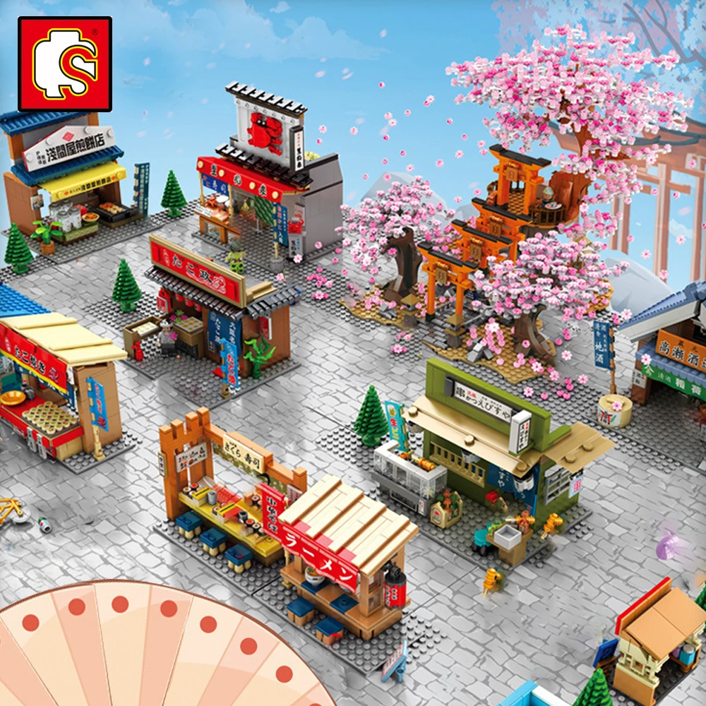 Sembo bloco japonês mini moc criador loja de rua casa árvore modelo construção arquiteto sakura inari santuário cidade miniatura