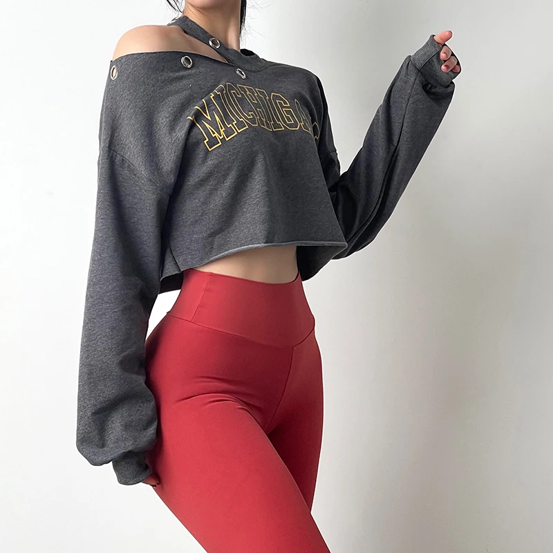 Peatacle Letters Sports Blouse Women Loose Long Sleeve Casual Top Sexy Short Yoga Wear Spring | Спорт и развлечения