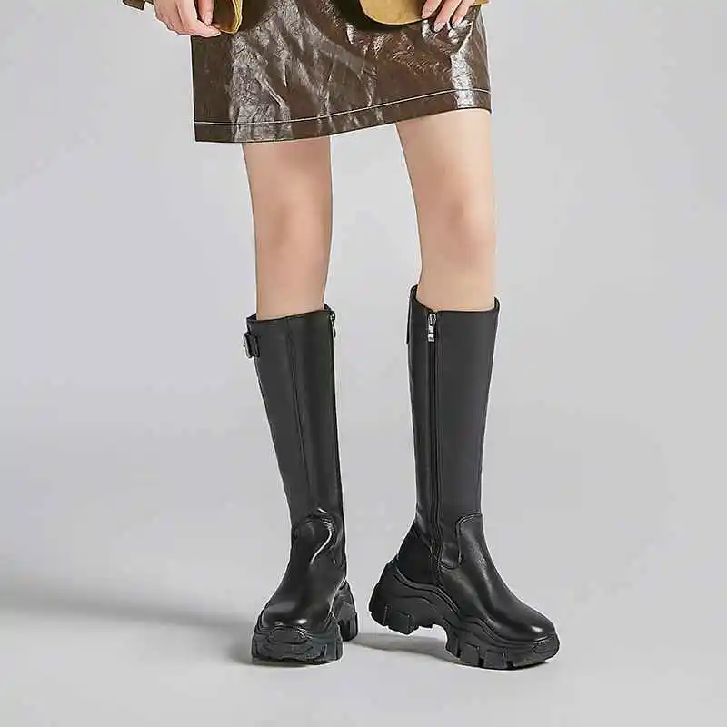 Botas mujer; обувь на высоком каблуке; женские мотоциклетные ботинки из коровьей кожи на толстой подошве; металлические застежки-пряжки сохраняющие тепло сапоги
