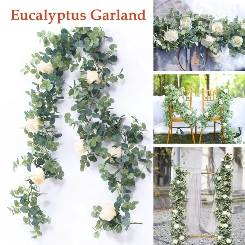 2M Eucalyptus Garland with Rose Flowers Artificial Vines Faux Silk Greenery Wedding Backdrop Arch Wall Decor Home Dinning Table