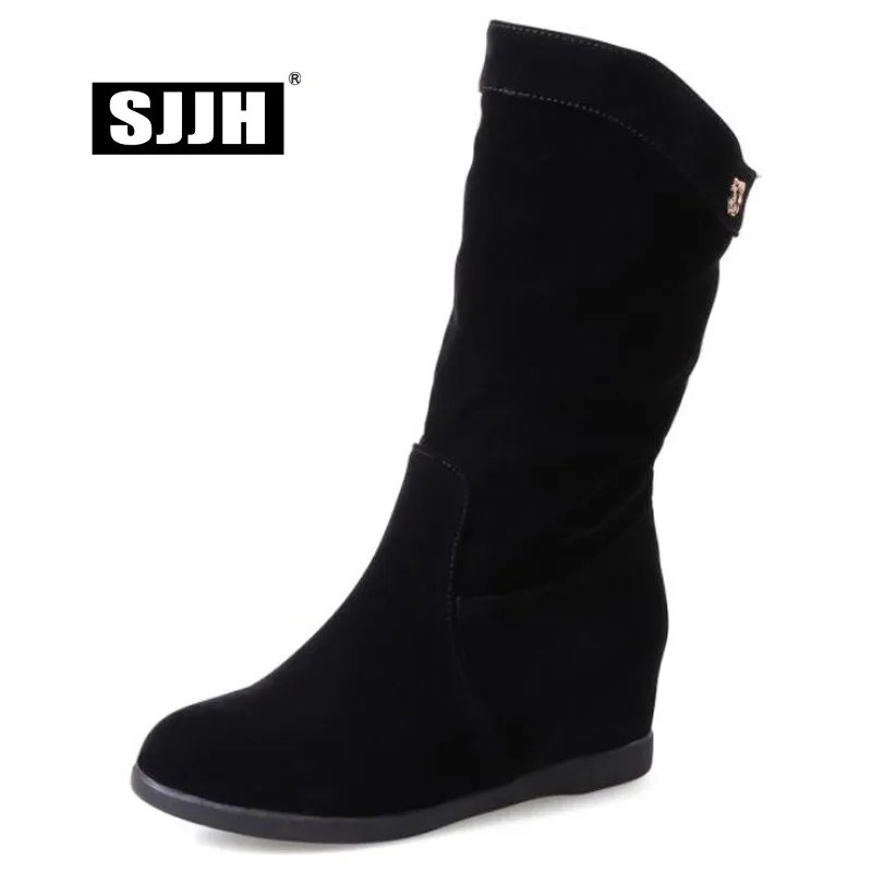 SJJH Women Casual Mid-Calf Boots with Round Toe and Flat Heel Flock Height Increasing Boots Autumn Fashion Shoes D768