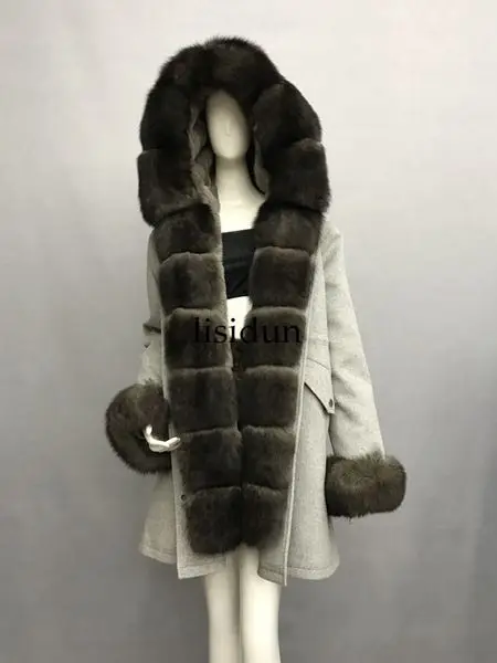 Модная зимняя куртка женская шуба из натурального меха лисы с воротником свободные длинные парки Большая Меховая Верхняя одежда Съемная - Цвет: Светло-серый