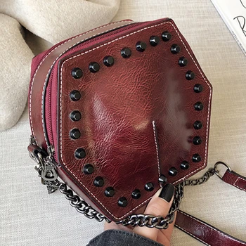 

Women 2019 New Luxury High Quality Retro Leather Shoulder Crossbody Bags Designer Chain Rivet Decoration Fashion Hexagon Handbag