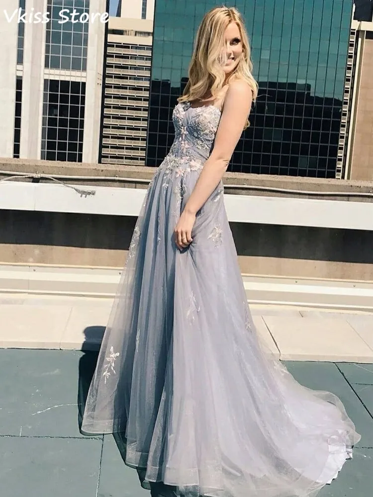 

Gray Evening Dresses Spaghetti Strap A-line Backless Applique Sweep Train robe de soiree Elegant Prom Dress коктейльные платья