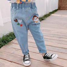 Джинсы для девочек, осенние модные ковбойские повседневные штаны в Корейском стиле с вышивкой для маленьких девочек 1-6 лет