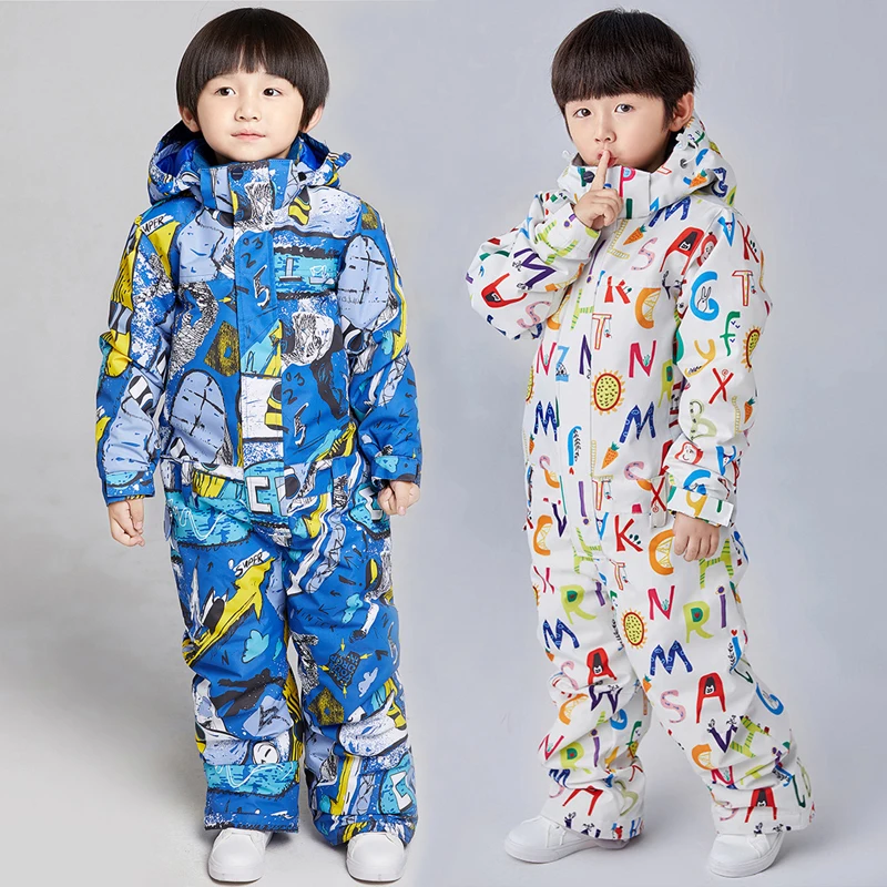 2021 Winter Warm One Piece Ski Suits Boy Hooded Children Overalls Waterproof Kids Jumpsuits Fleece Baby Snow Set Cartoon Clothes
