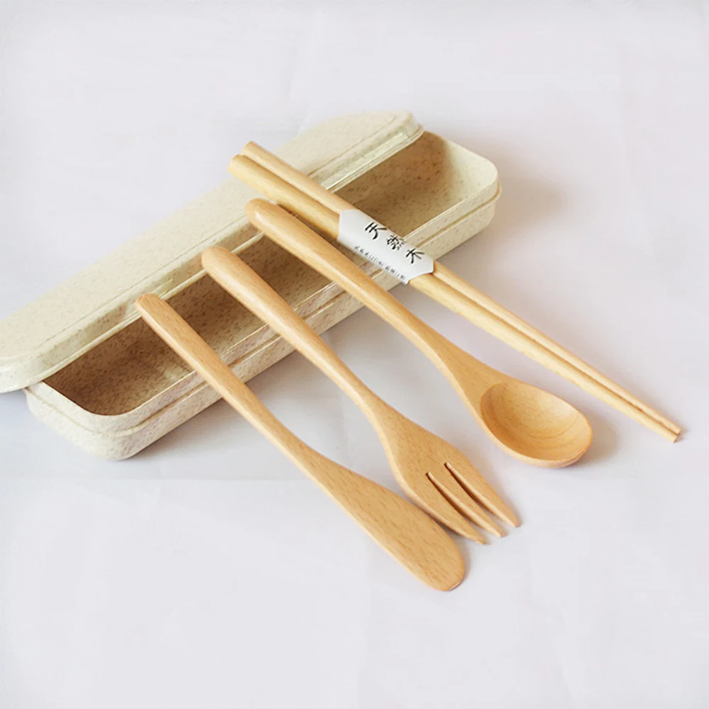 5pcs Kitchen Utensils Spoon Wooden Flatware Dinnerware Knife Cutlery Set Portable With Storage Case Lightweight Forks Tableware