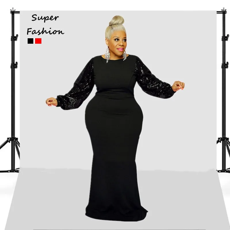 XL 5XL 2021 Winter Plus Size Dresses Solid Color Long Sleeve Patchwork