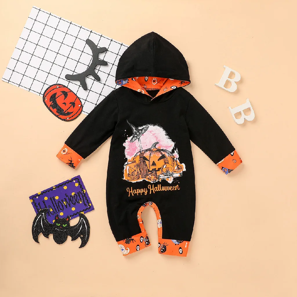 Lovely Fashion Newborn Clothing Set Baby Boys Girls Costume Cotton Long Sleeve Happy Halloween Print Pumpkin Hooded Jumpsuit