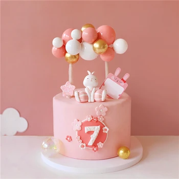 

Pink Gold Balls Rainbow Sandy Rabbit Girl's Happy Birthday Cake Topper Star Decoration for Kid's Birthday Party