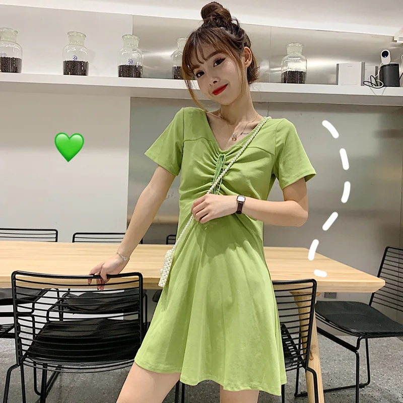 

New Style Matcha Green Waist Hugging Skirt Korean-style Avocado Green T-shirt Dress Short-height Green Dress Women's Summer
