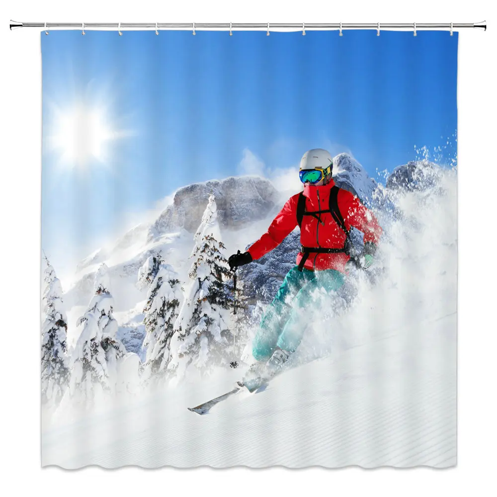 

Resort Snow Scene Extreme Sports Ski Shower Curtains Home Bathroom Decor 69 x 70 Inch Waterproof Polyester Cloth Curtain Cheap