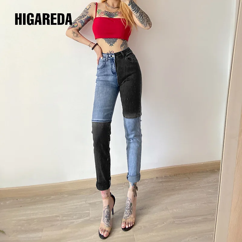 

Casual patchwork Jeans Fashion pancil Pants High Waist Straight Pant Streetwear clothes Femme Bottoms Lady Trousers 2020 New
