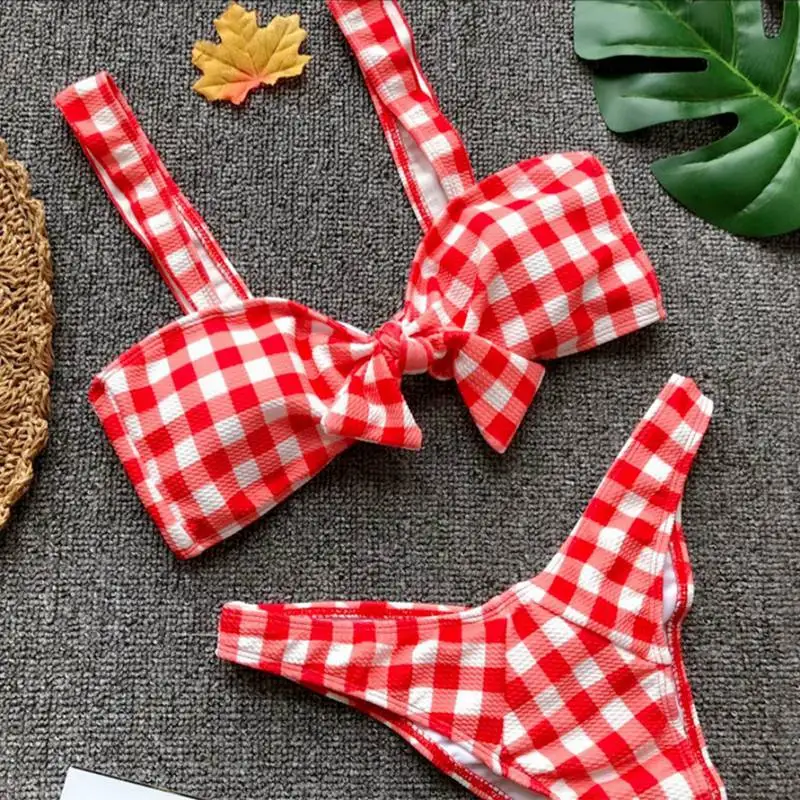 Bra& Brief Sets Women Bow Plaid Bikini Bra Swimsuit High Waist Bathing Beachwear 2 Pcs/Set