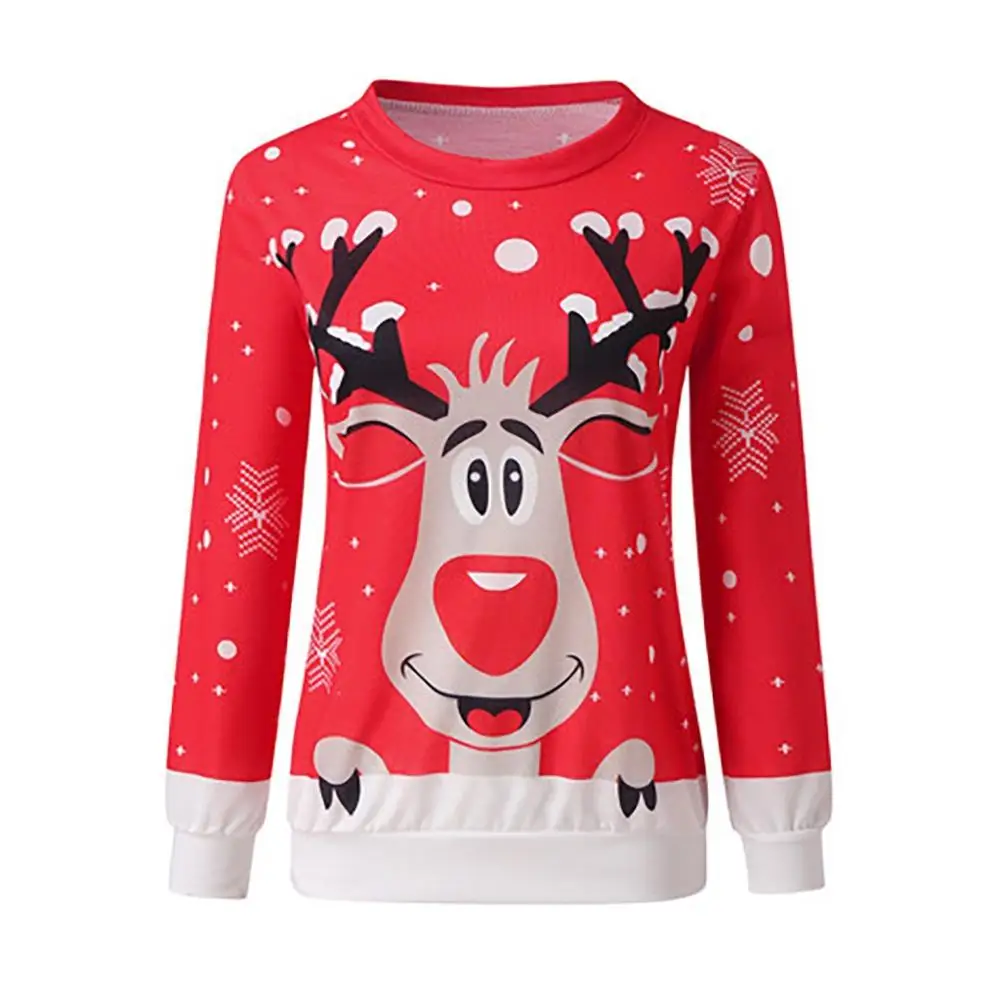 Рождественская одежда с принтом оленя, Женский трикотажный пуловер с круглым вырезом, женский свитер с длинным рукавом bluzy damskie sudadera mujer - Цвет: Красный